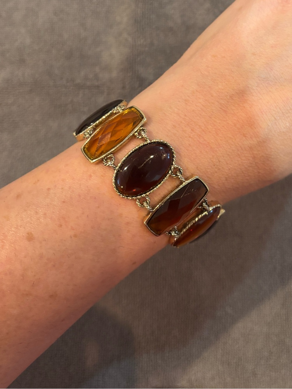 Gold-Tone Stretch Bracelet with Amber and Dark Brown Glass Stones